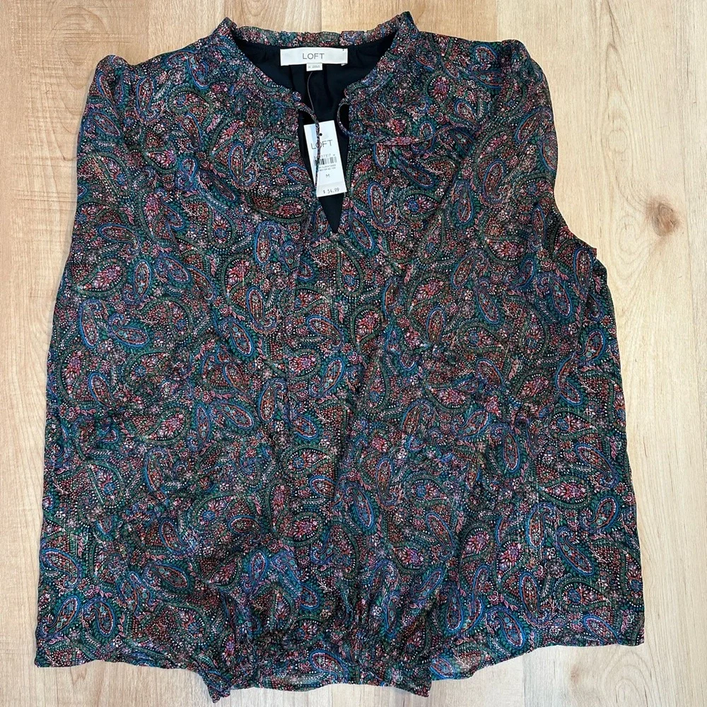 LOFT Women's Multicolor Shimmer Paisley Smocked Ruffle Tie Neck Blouse Sz M - Picture 3 of 13